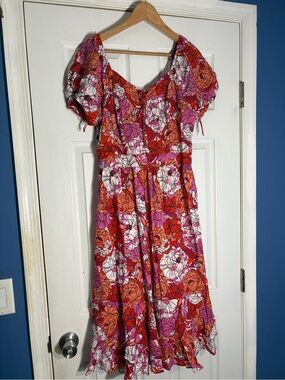 Japna Pink & Orange Floral Puff-Sleeve Midi Dress